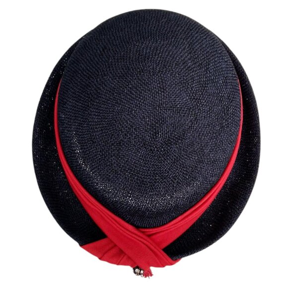 Mid-Century "Ellen Jane" Navy Blue Straw Derby Style Hat w/Red Ribbon Trim - Picture 9 of 11
